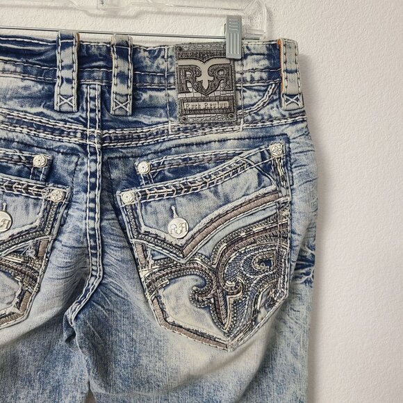 NEW Rock Revival Meyrick Straight Distressed Denim Jeans Size 32x32 Blue - Picture 3 of 5